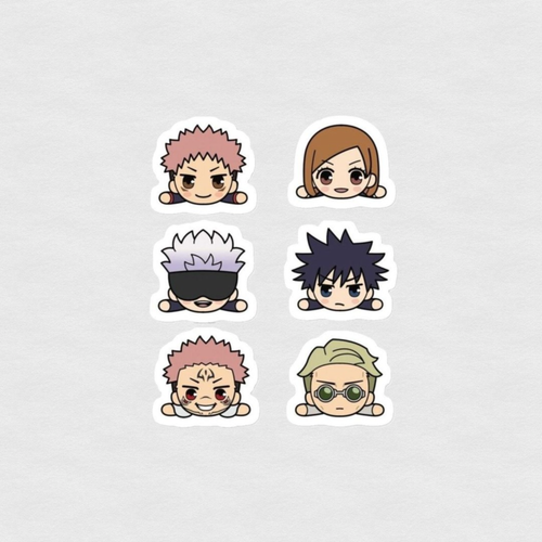 Set of six chibi anime character head stickers with expressive faces in a cute minimalist style