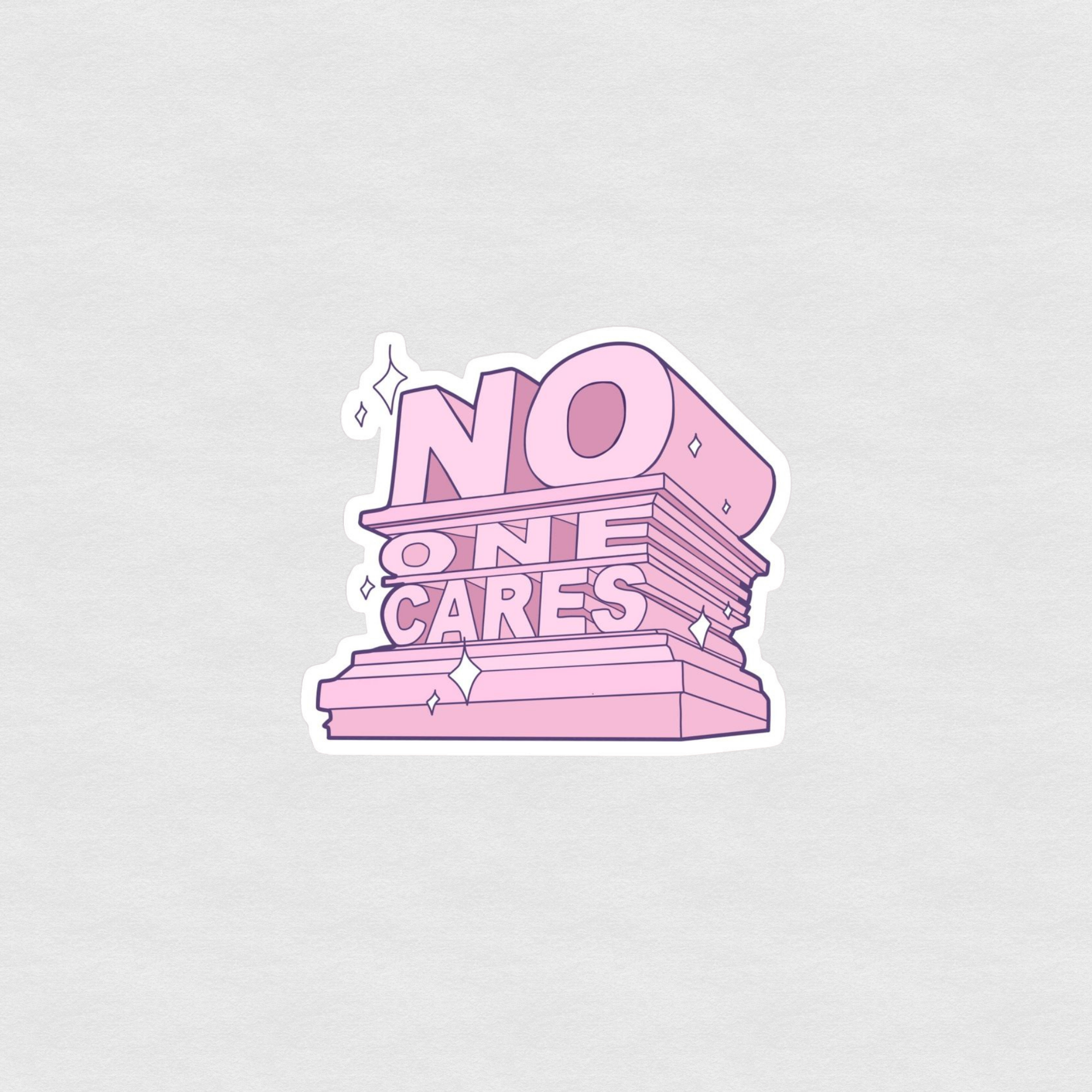 Pink “No One Cares” stacked text sticker with sparkles in a bold retro 3D style
