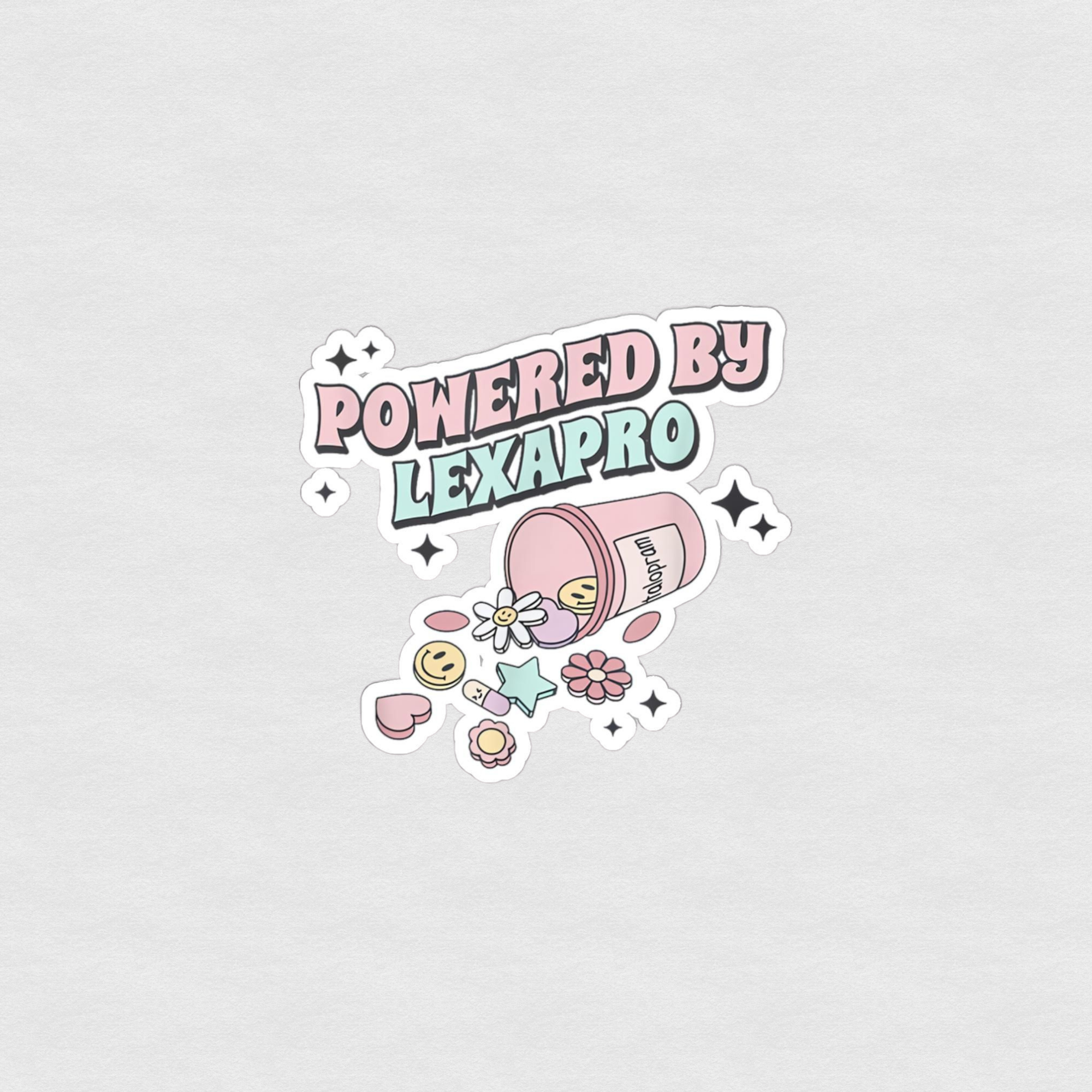 Cute pastel “Powered by Lexapro” sticker with pill bottle, flowers, and smiley faces